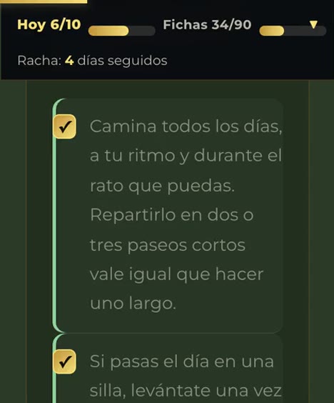 La app vuelta a abrir: las opciones siguen marcadas y el contador del d&iacute;a lo recuerda